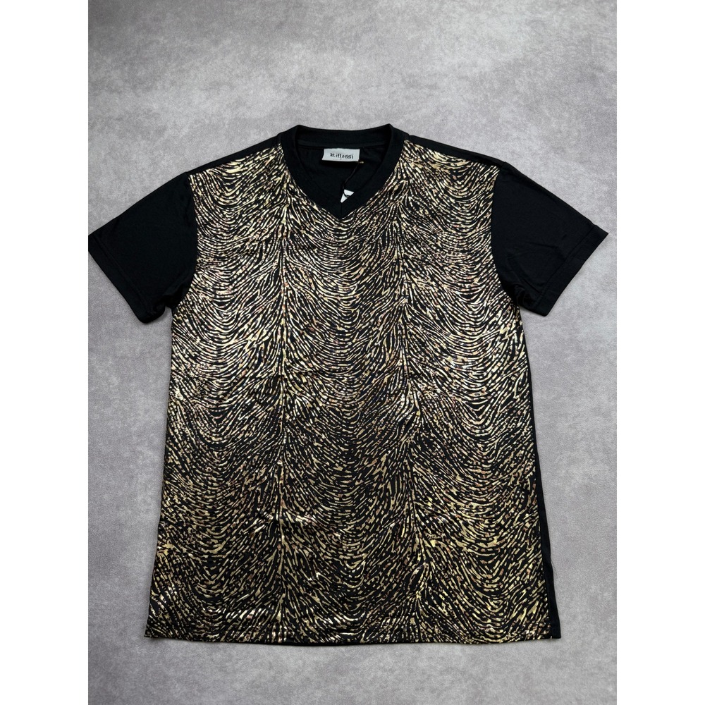 NWT Riflessi Gold Metallic Animal Print V-Neck T-Shirt Top Black Women S Party